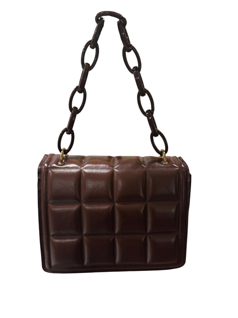 Quilted Padded Shoulder Bag Brown Faux Leather Resin Chain Strap Gold Hardware - Picture 1 of 4